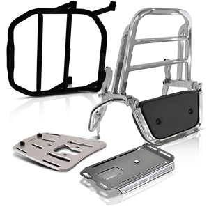 Black motorcycle aluminum case with silver luggage rack.